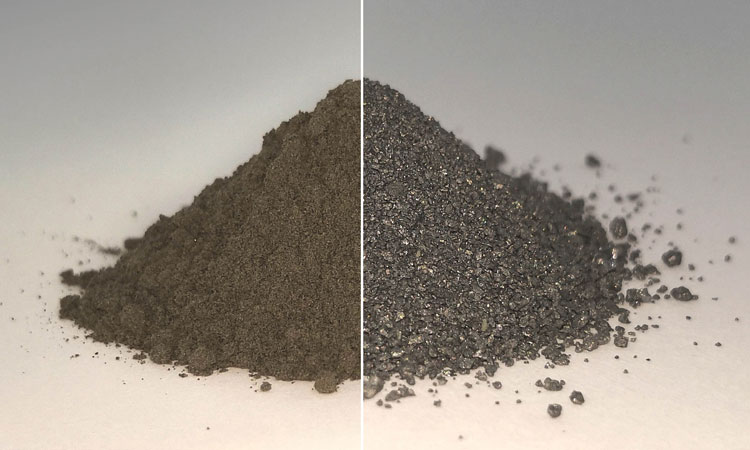 Đất Mặt Trăng mô phỏng chưa qua xử lý (trái) và sau khi đã tách oxy (phải) bằng quy trình FFC Cambridge. Ảnh: ESA.